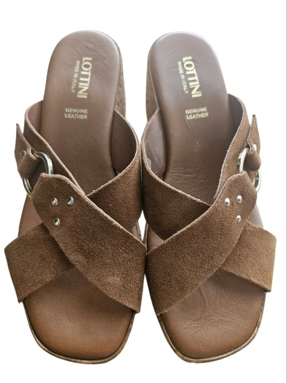 LOTTINI Suede Cross Band Wedge Womens Brown/Tan Sandal Gold Buckle Size 7 Summer